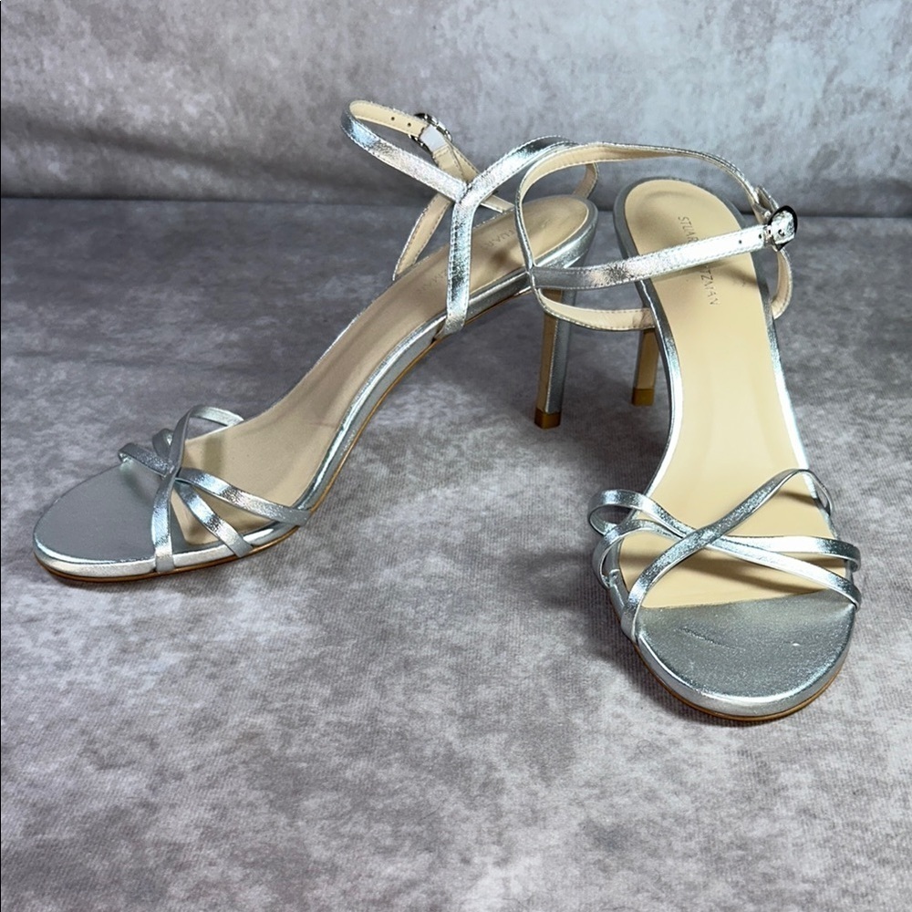 EUC Stuart Weitzman Starla 80 Silver‎ Strappy Heeled Sandals Sz 9 Leather Luxury